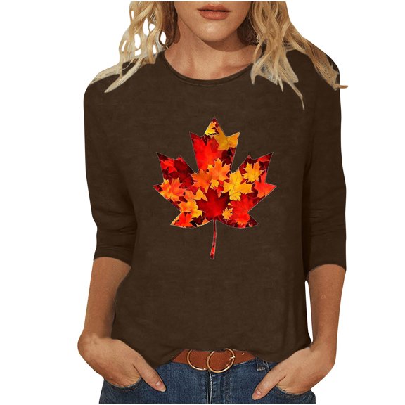 qucoqpe Women's Summer Tops Fashion Causal Loose Crew Neck 3/4 Sleeve Shirts Maple Leaf Printed Blouses