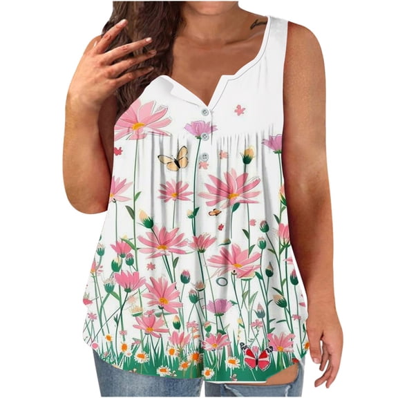 qucoqpe Women's Tank Tops 2026 Summer Fashion Loose Fit Floral Printed V Neck Sleeveless Button Shirts Trendy Casual Blouses
