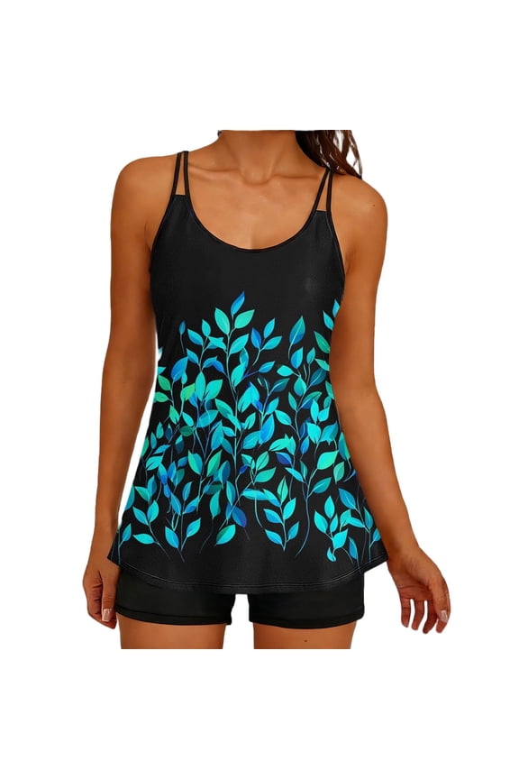 Women's Tankini Swimsuits Fashion Printed Modest Two Piece Bathing Suits Beach Holiday Swimwear with Boyshorts