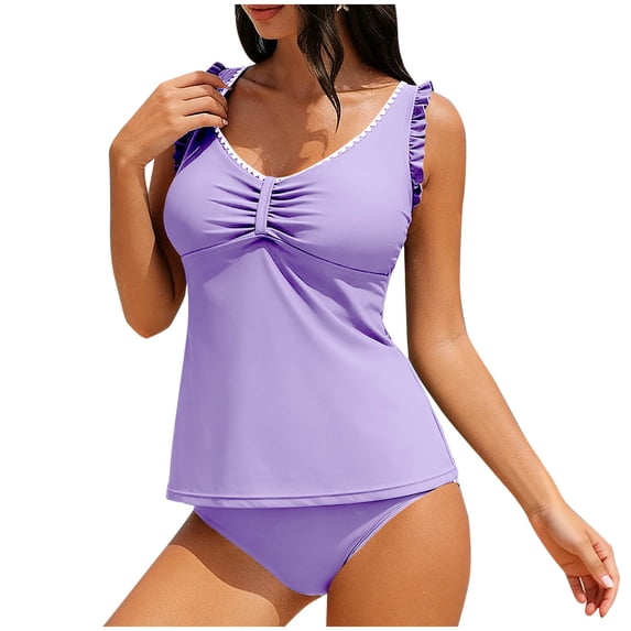 qucoqpe Women's Tankini Swimsuits Fashion Solid Color Two Piece Modest Bathing Suits Casual Sports Pleated Swimwear