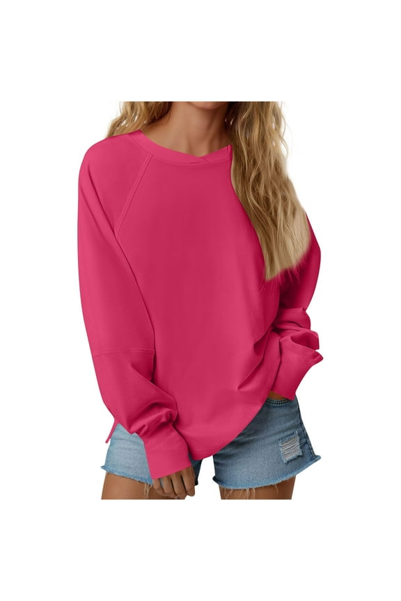 Women's Thumbhole Sleeve Oversized Sweatshirt Drop Shoulder Round Neck Pullover, Slouchy Long Sleeve Top with Cuff Detail, Solid Color Casual Shirts