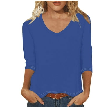 qucoqpe Women's Tops Fashion Solid Color Printing 3/4 Sleeve V Neck Shirts Basic Tees Casual Loose Tunic Blouse on Clearance