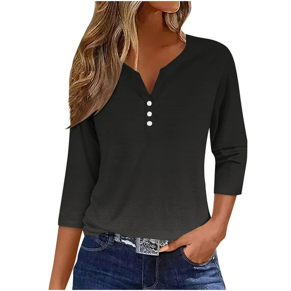 qucoqpe Women's Tops Gradient Printing V Neck 3/4 Sleeve Ladies Button Shirts Casual Basic Tees Loose Tunic Blouses