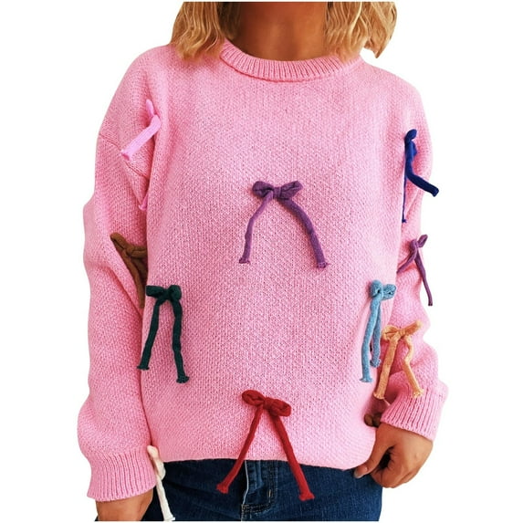 qucoqpe Women's Trendy Bows Crewneck Sweaters Fall Winter Color Block Long Sleeve Pullover Sweater Blouse Tops for Women