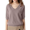 thumbnail image 1 of qucoqpe Women's V-Neck Short Sleeve Knit Top Solid Color Casual Loose Fit T-Shirt Style Sweater, 1 of 5