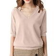 thumbnail image 1 of qucoqpe Women's V-Neck Short Sleeve Knit Top Solid Color Casual Loose Fit T-Shirt Style Sweater, 1 of 5