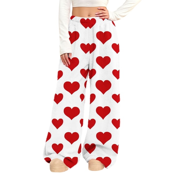 qucoqpe Women's Valentine's Day Fuzzy Fleece Wide Leg Pants Stretch Plushy Heart Print Loungewear Trousers Fall Winter Drawstring Elastic Waist Sweatpants