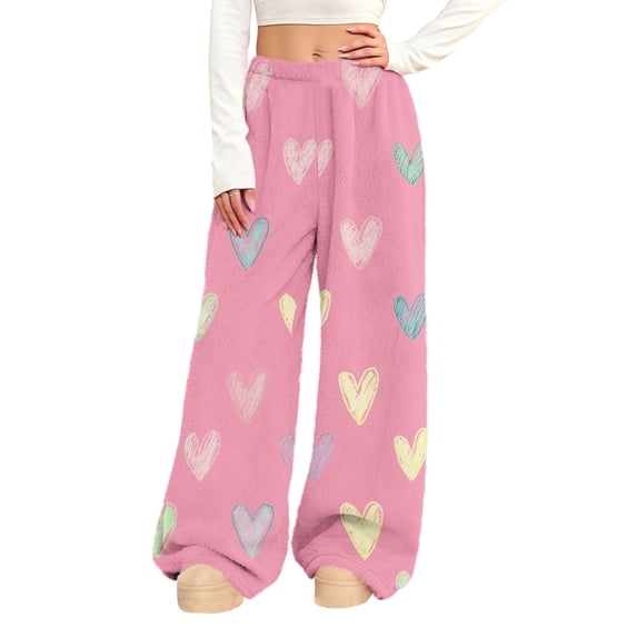 qucoqpe Women's Valentine's Day Fuzzy Fleece Wide Leg Pants Stretch Plushy Heart Print Loungewear Trousers Fall Winter Drawstring Elastic Waist Sweatpants