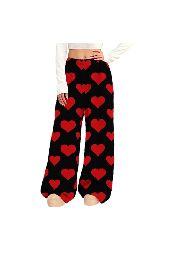 Women's Valentine's Day Fuzzy Fleece Wide Leg Pants Stretch Plushy Heart Print Loungewear Trousers Fall Winter Drawstring Elastic Waist Sweatpants