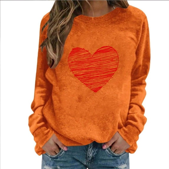 qucoqpe Women's Valentine's Day Heart Sweatshirts Oversized Crewneck Sweatshirt Vintage Long Sleeve Casual Pullover Top