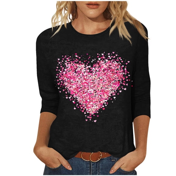 qucoqpe Women's Valentine's Day T-Shirts Fashion Love Heart Printed Crew Neck 3/4 Sleeve Casual Loose Blouse Tops for Women