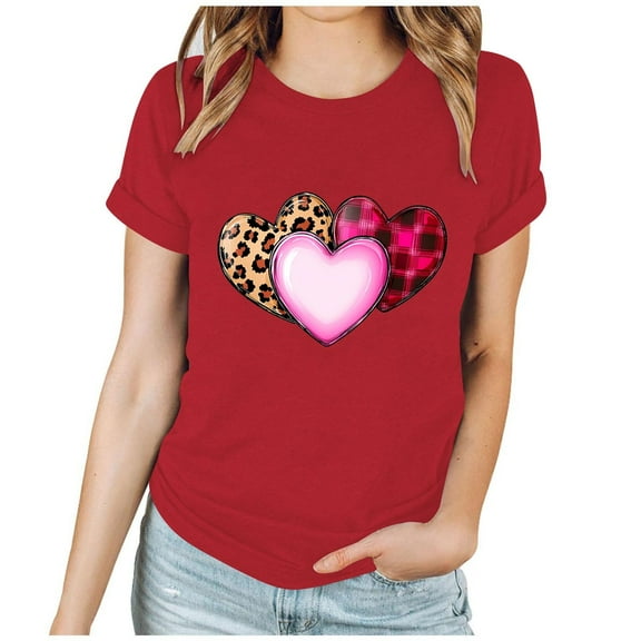 qucoqpe Women's Valentine's Day Tops Love Heart Printed Tee Crew Neck Short Sleeve T-shirs