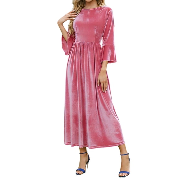 qucoqpe Women's Velvet Maxi Dress Fashion Crew Neck Flared Sleeve Pleated Elegant Wedding Guest Cocktail Party Dresses