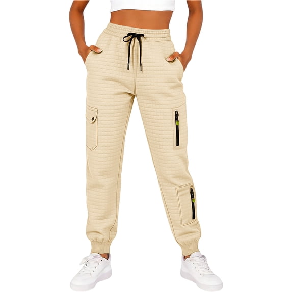 qucoqpe Women‘s Waffle-Knit Pants Casual Elastic Waist Trousers with Pockets Loose Fit Lounge Pants