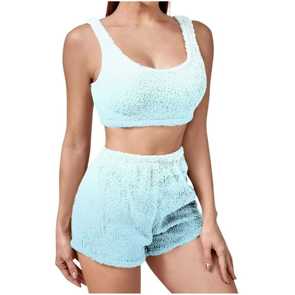qucoqpe Women's Winter Fuzzy 2 Piece Outfits Fleece Warm Crop Tops Shorts Set Pajamas Loungewear