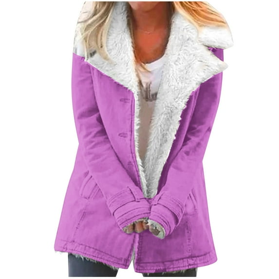 qucoqpe Women's Winter Warm Notched Lapel Collar Sherpa Lined Solid/Floral Printed Outerwear Fleece Jacket Coats on Clearance