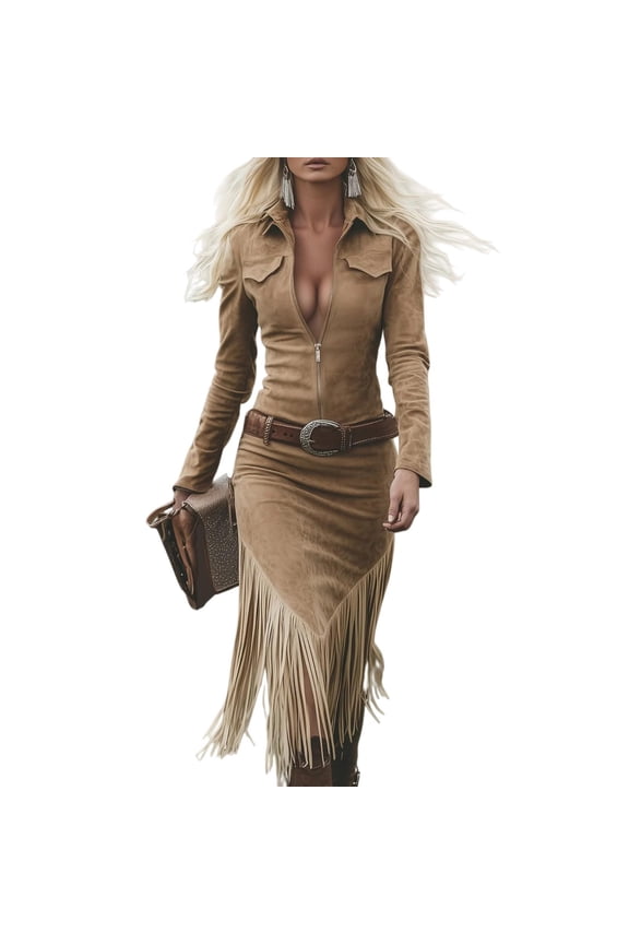 Women's Zipper Western Style Tassel Dress Fashion Lapel Long Sleeve Suede Fringe Casual Midi Dresses
