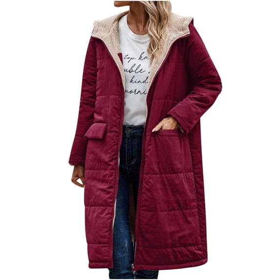 qucoqpe Womens 2025 Fall Reversible Long Sleeve Fleece Jacket Zip Up Hoodie Pockets Long Warm Winter Coat Outerwear