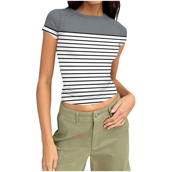 qucoqpe Womens 2026 Spring Summer Fashion Colorblock Patchwork Crewneck Short Sleeve Tee Casual Slim Fit Blouses Tops