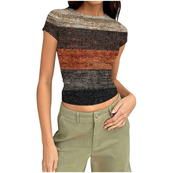 qucoqpe Womens 2026 Spring Summer Fashion Colorblock Patchwork Crewneck Short Sleeve Tee Casual Slim Fit Blouses Tops