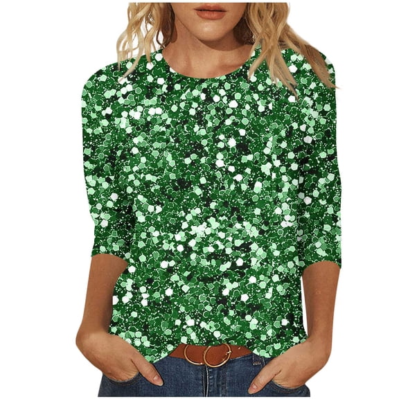 qucoqpe Womens 3/4 Sleeve Sequin Tops Crew Neck Sparkling T-shirts Fashion Casual Loose Blouses Base Tees