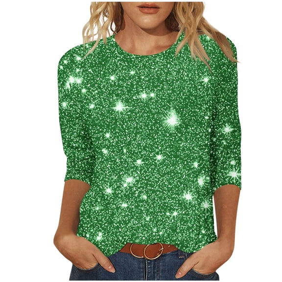 qucoqpe Womens 3/4 Sleeve Sequin Tops Crew Neck Sparkling T-shirts Fashion Casual Loose Blouses Base Tees