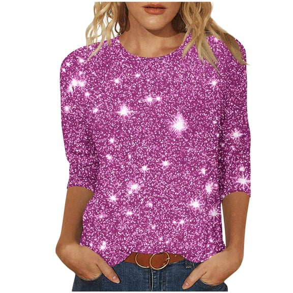qucoqpe Womens 3/4 Sleeve Sequin Tops Crew Neck Sparkling T-shirts Fashion Casual Loose Blouses Base Tees