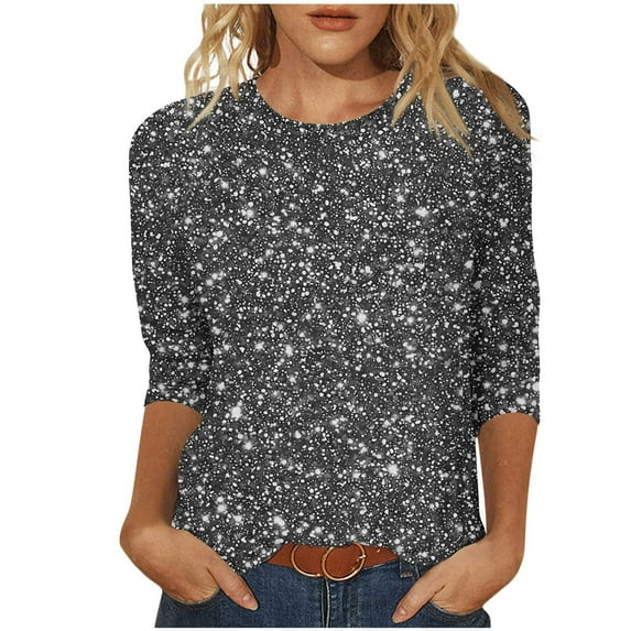 qucoqpe Womens 3/4 Sleeve Sequin Tops Crew Neck Sparkling T-shirts Fashion Casual Loose Blouses Base Tees