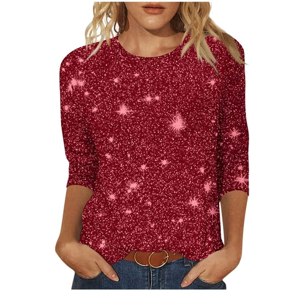 qucoqpe Womens 3/4 Sleeve Sequin Tops Crew Neck Sparkling T-shirts Fashion Casual Loose Blouses Base Tees