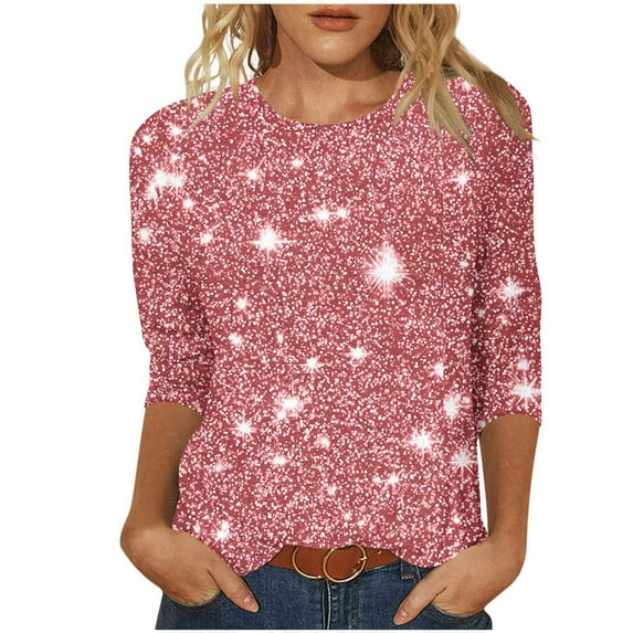 qucoqpe Womens 3/4 Sleeve Sequin Tops Crew Neck Sparkling T-shirts Fashion Casual Loose Blouses Base Tees