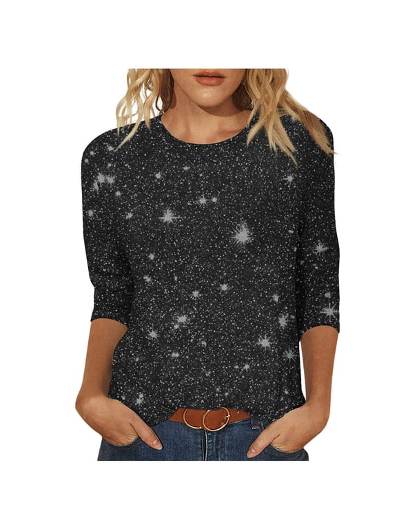 Womens 3/4 Sleeve Sequin Tops Crew Neck Sparkling T-shirts Fashion Casual Loose Blouses Base Tees
