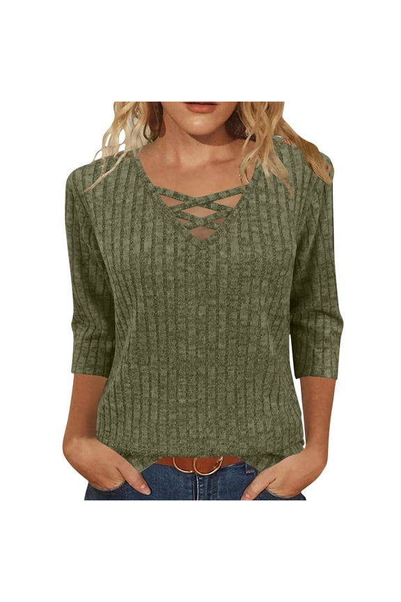 Womens 3/4 Sleeve Sweater Tops Fall Winter Fashion Hollow Out Crew Neck Pullover Blouse