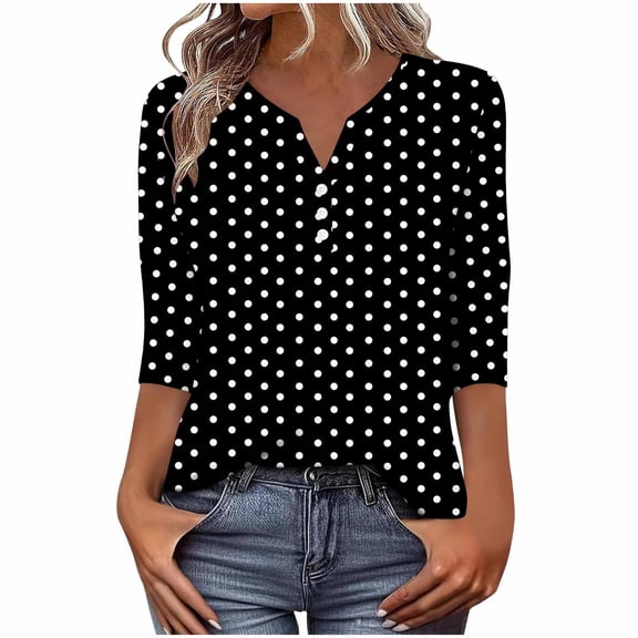 qucoqpe Womens 3/4 Sleeve Tops V Neck Button Casual Blouses Fashion Cute Print Loose T-shirts Base Tees