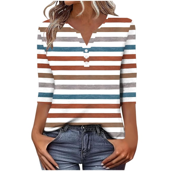 qucoqpe Womens 3/4 Sleeve Tops V Neck Button Casual Blouses Fashion Cute Print Loose T-shirts Base Tees