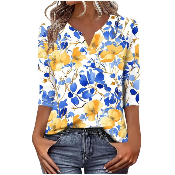 qucoqpe Womens 3/4 Sleeve Tops V Neck Button Casual Blouses Fashion Floral Print Loose T-shirts Base Tees