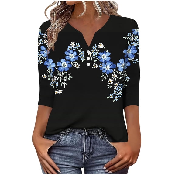 qucoqpe Womens 3/4 Sleeve Tops V Neck Button Casual Blouses Fashion Floral Print Loose T-shirts Base Tees