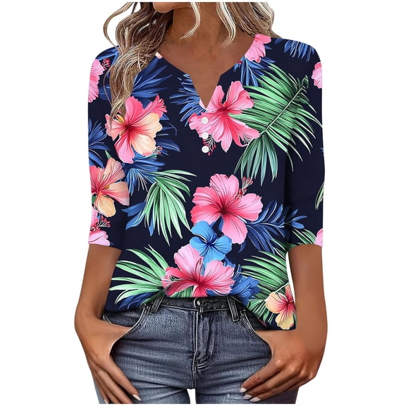 qucoqpe Womens 3/4 Sleeve Tops V Neck Button Casual Blouses Fashion Floral Print Loose T-shirts Base Tees