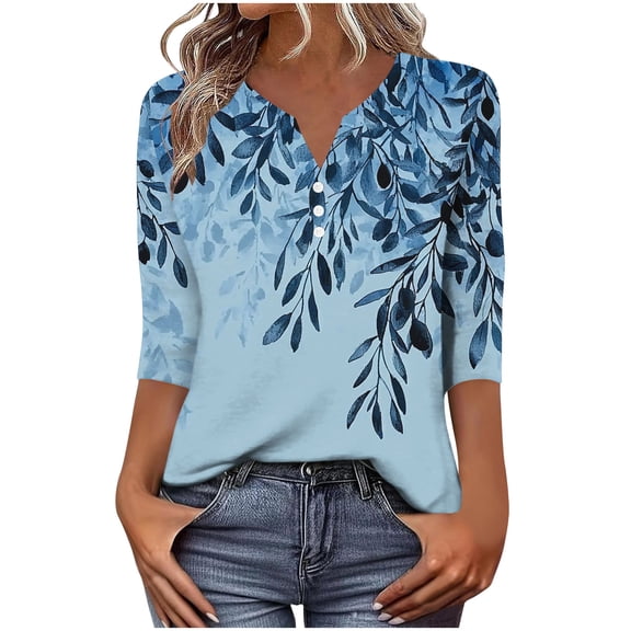 qucoqpe Womens 3/4 Sleeve Tops V Neck Button Casual Blouses Fashion Floral Print Loose T-shirts Base Tees