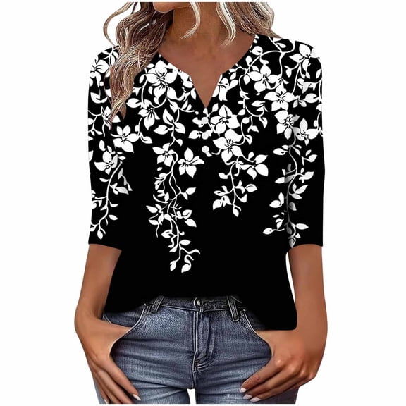 qucoqpe Womens 3/4 Sleeve Tops V Neck Button Casual Blouses Fashion Floral Print Loose T-shirts Base Tees