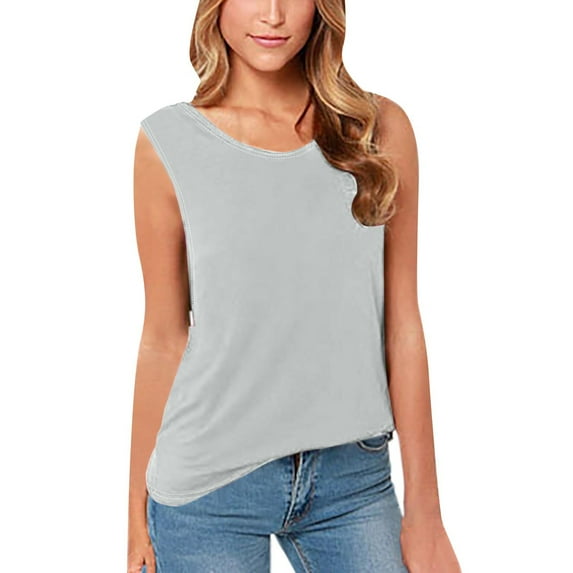 qucoqpe Womens Backless Tank Tops Summer Casual Crew Neck Sleeveless T-Shirts Lightweight Loose Tees Solid Blouse