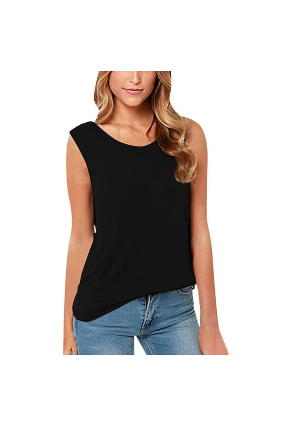 Womens Backless Tank Tops Summer Casual Crew Neck Sleeveless T-Shirts Lightweight Loose Tees Solid Blouse