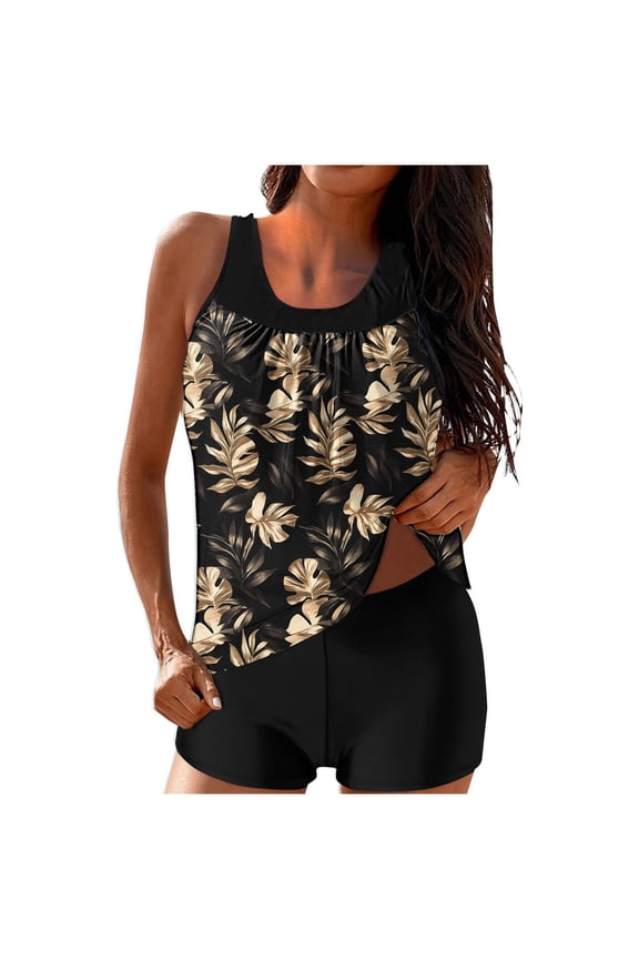 Blouson Tankini Swimsuits for Women Loose Fit Modest Two Piece Bathing Suits Beach Swimwear with Shorts