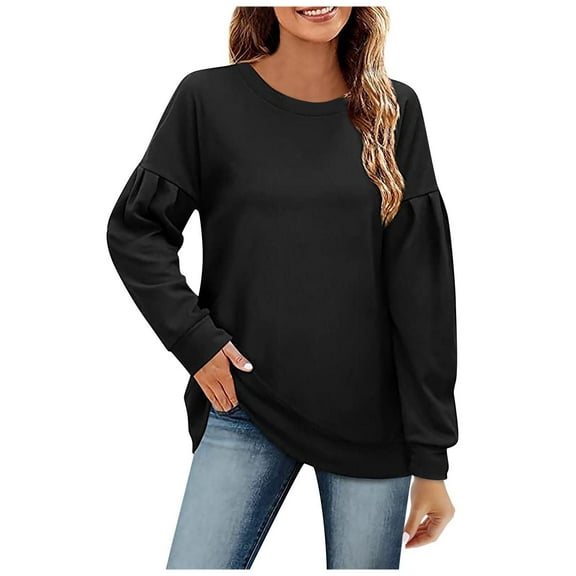 qucoqpe Womens Casual Crewneck Sweatshirt Long Sleeve Solid Color Shirt Soft Lightweight Loose Tops