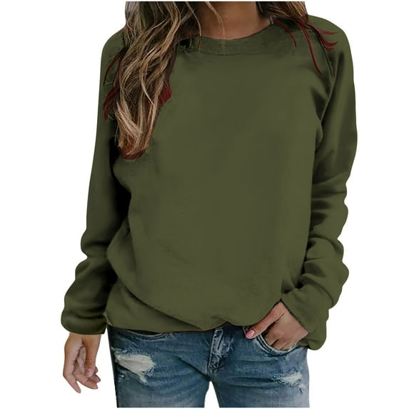 qucoqpe Womens Casual Long Sleeve Sweatshirt Crew Neck Cute Pullover Solid Color Loose Fit Tops on Clearance