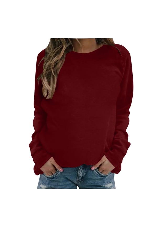 Womens Casual Long Sleeve Sweatshirt Crew Neck Cute Pullover Solid Color Loose Fit Tops