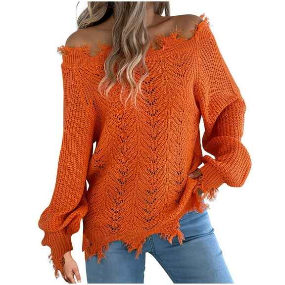 qucoqpe Womens Casual Off-Shoulder Sweaters Oversize Hollow Long Sleeve Distressed Knit Pullover Tops