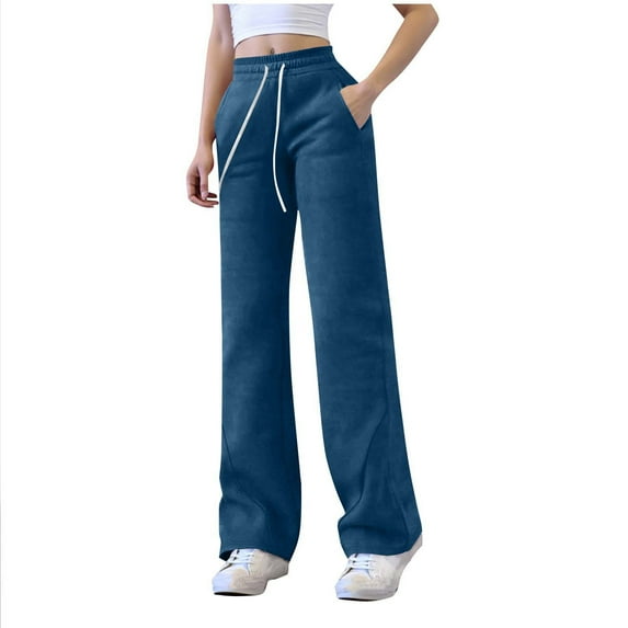 qucoqpe Womens Casual Wide Leg Sweatpants Trendy Solid Elastic Waist Drawstring Jogger Pants with Side Pockets