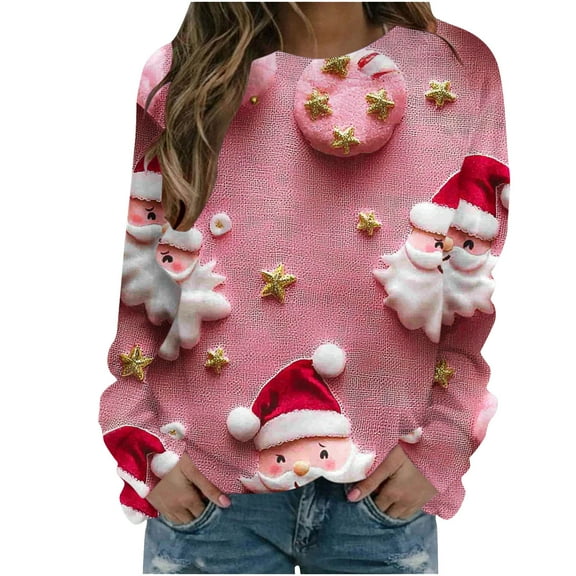qucoqpe Womens Christmas Crewneck Sweatshirt Long Sleeve Graphic Printing Pullover Sweater Shirts for Women