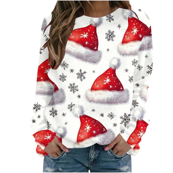 qucoqpe Womens Christmas Crewneck Sweatshirt Long Sleeve Graphic Printing Pullover Sweater Shirts for Women