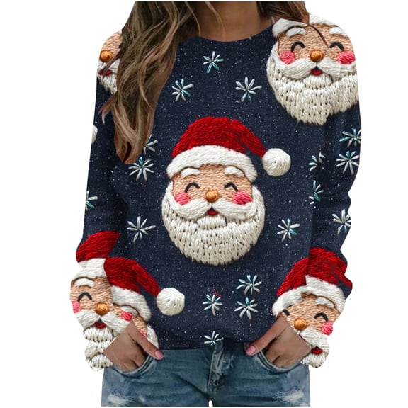 qucoqpe Womens Christmas Crewneck Sweatshirt Long Sleeve Graphic Printing Pullover Sweater Shirts for Women